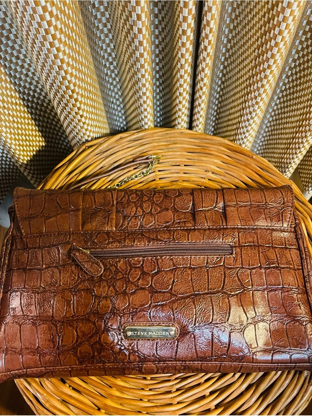 Steve Madden Brown Croc-Embossed Faux Leather  Bag with Gold Accent Chain